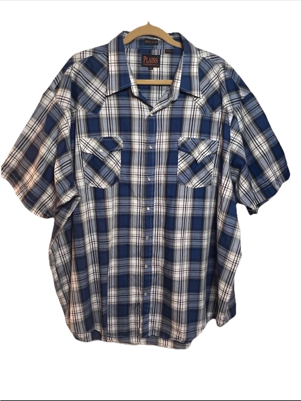 Plains Western Wear Men 3XL Blue & White Plaid Pearl Snap Short Sleeve Shirt
